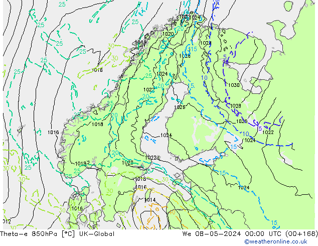 Theta-e 850hPa UK-Global mié 08.05.2024 00 UTC