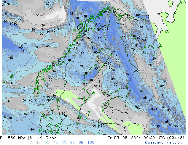 RH 850 hPa UK-Global ven 03.05.2024 00 UTC