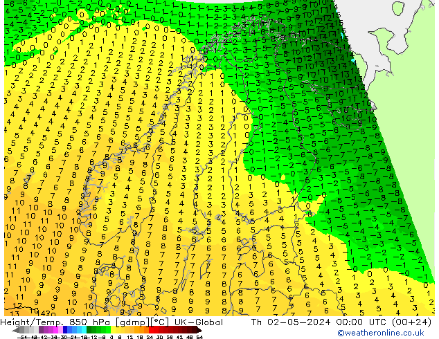 Height/Temp. 850 hPa UK-Global Th 02.05.2024 00 UTC