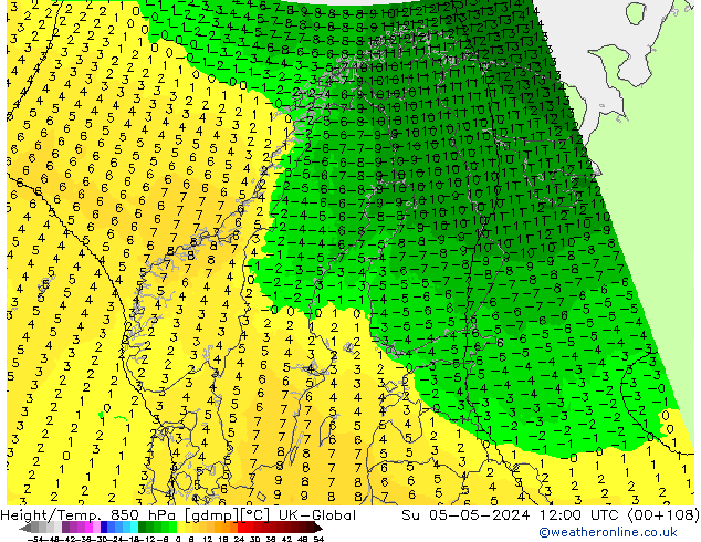 Height/Temp. 850 hPa UK-Global Ne 05.05.2024 12 UTC