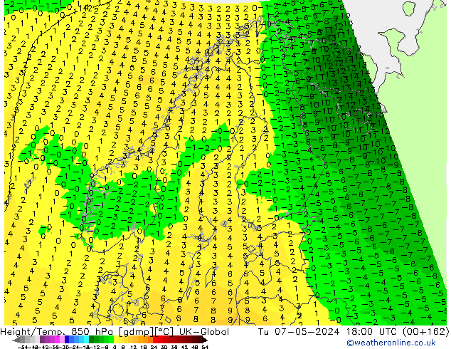 Yükseklik/Sıc. 850 hPa UK-Global Sa 07.05.2024 18 UTC