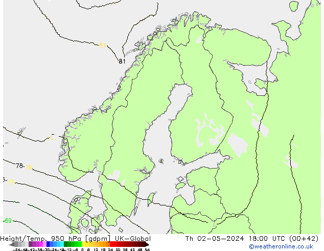 Height/Temp. 950 hPa UK-Global Čt 02.05.2024 18 UTC