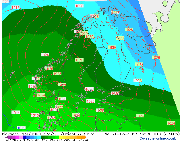 Schichtdicke 700-1000 hPa UK-Global Mi 01.05.2024 06 UTC