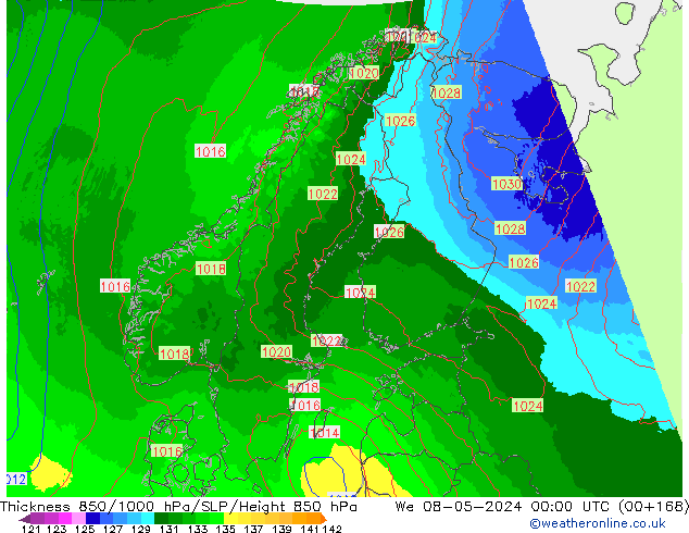 850-1000 hPa Kalınlığı UK-Global Çar 08.05.2024 00 UTC