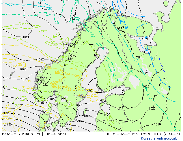 Theta-e 700hPa UK-Global Čt 02.05.2024 18 UTC