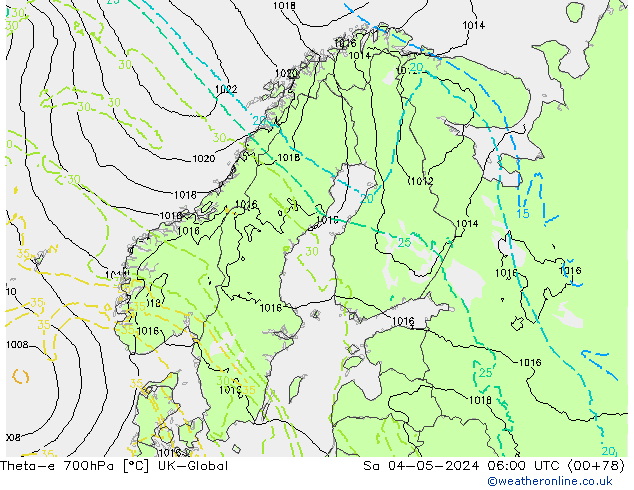 Theta-e 700hPa UK-Global sab 04.05.2024 06 UTC