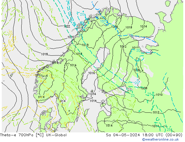 Theta-e 700hPa UK-Global Sa 04.05.2024 18 UTC
