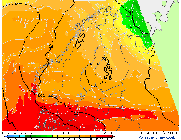 Theta-W 850hPa UK-Global We 01.05.2024 00 UTC