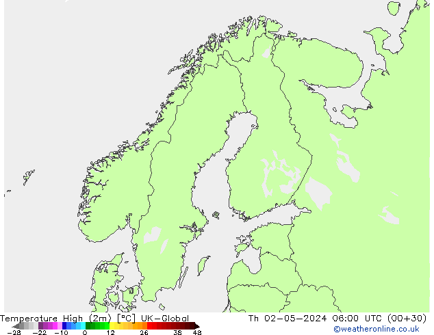 Max. Temperatura (2m) UK-Global czw. 02.05.2024 06 UTC