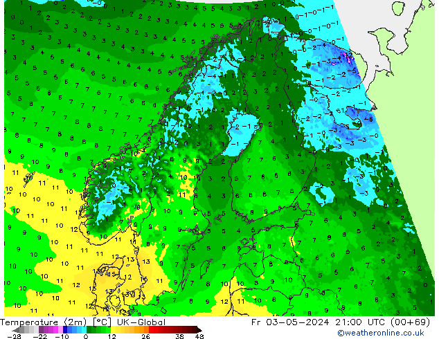 Temperature (2m) UK-Global Fr 03.05.2024 21 UTC