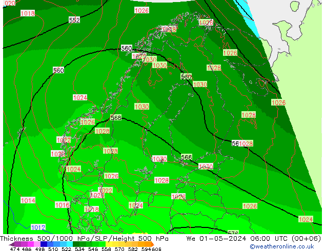 Espesor 500-1000 hPa UK-Global mié 01.05.2024 06 UTC