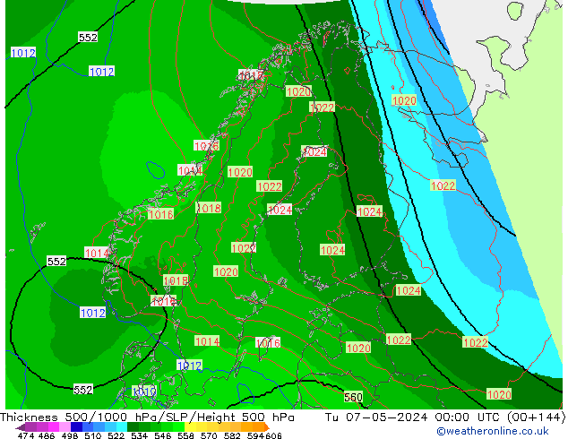 Dikte 500-1000hPa UK-Global di 07.05.2024 00 UTC