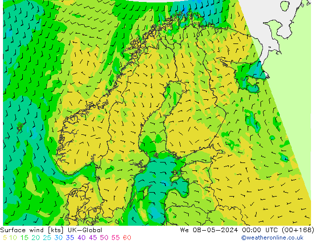 Vento 10 m UK-Global Qua 08.05.2024 00 UTC