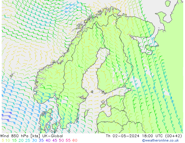 Wind 850 hPa UK-Global Čt 02.05.2024 18 UTC