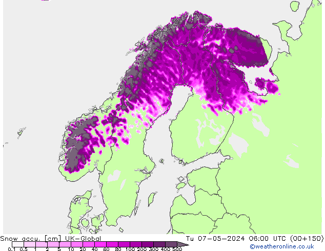 Snow accu. UK-Global Tu 07.05.2024 06 UTC