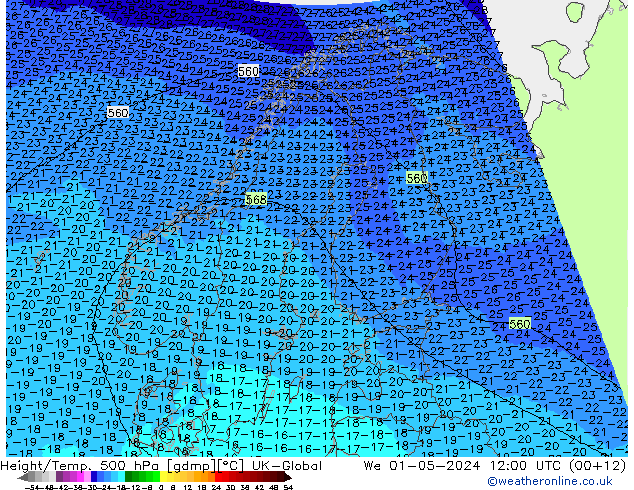Height/Temp. 500 hPa UK-Global mer 01.05.2024 12 UTC