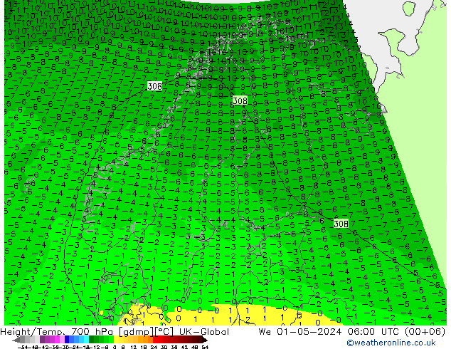 Height/Temp. 700 hPa UK-Global mer 01.05.2024 06 UTC