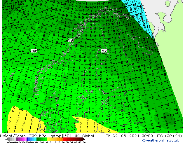 Height/Temp. 700 hPa UK-Global Do 02.05.2024 00 UTC