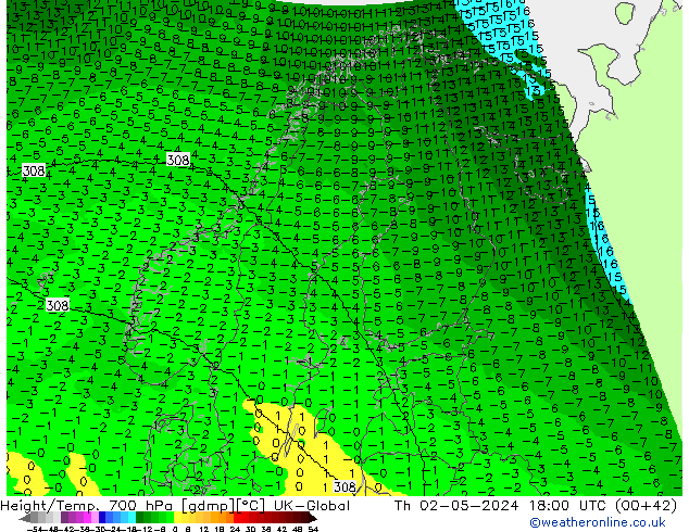 Height/Temp. 700 hPa UK-Global Čt 02.05.2024 18 UTC