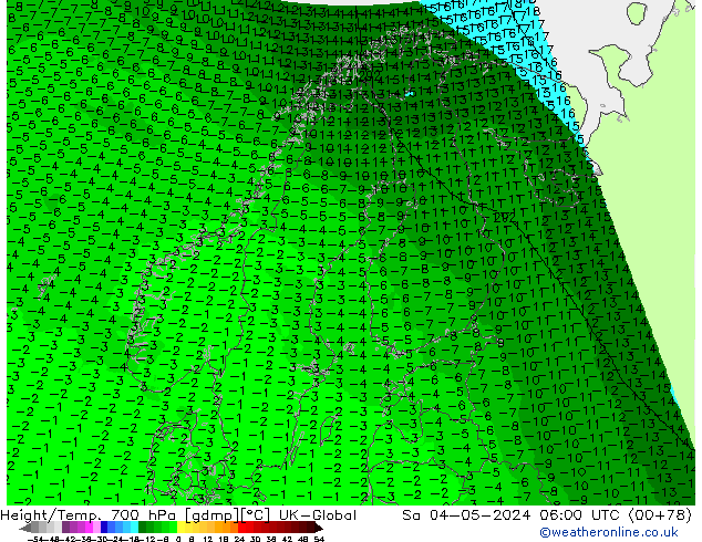 Height/Temp. 700 hPa UK-Global Sa 04.05.2024 06 UTC