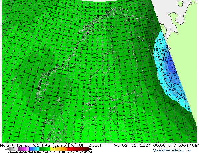 Géop./Temp. 700 hPa UK-Global mer 08.05.2024 00 UTC