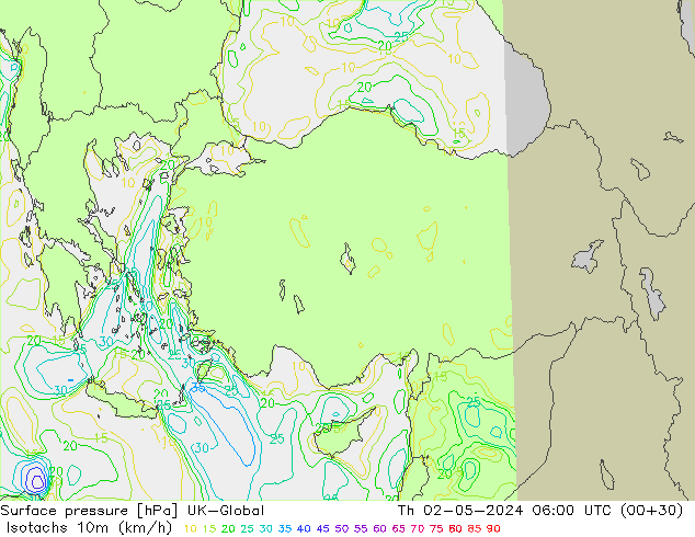 Isotachs (kph) UK-Global Qui 02.05.2024 06 UTC