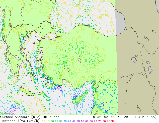 Isotachs (kph) UK-Global Th 02.05.2024 12 UTC