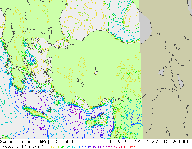 Isotachs (kph) UK-Global ven 03.05.2024 18 UTC