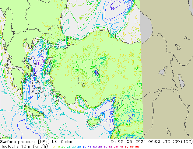 Isotachs (kph) UK-Global Su 05.05.2024 06 UTC