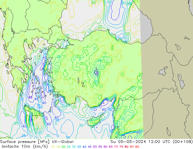 Isotachs (kph) UK-Global Dom 05.05.2024 12 UTC