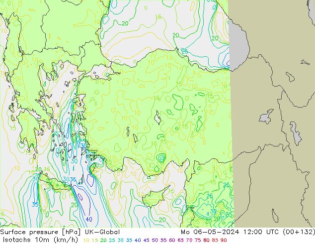 Isotachs (kph) UK-Global lun 06.05.2024 12 UTC