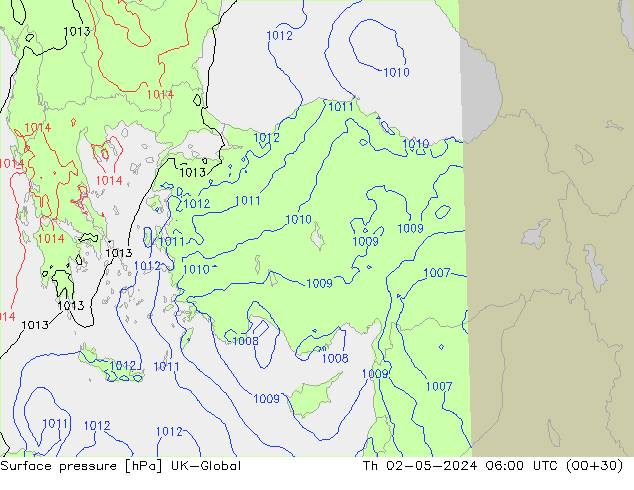 Surface pressure UK-Global Th 02.05.2024 06 UTC