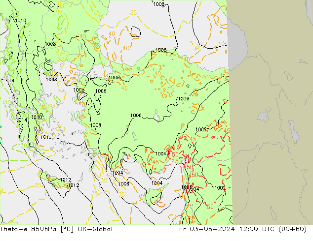 Theta-e 850hPa UK-Global Cu 03.05.2024 12 UTC