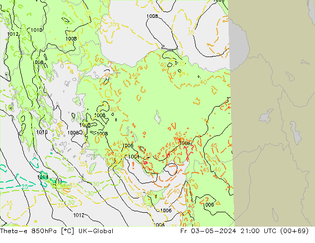 Theta-e 850hPa UK-Global Fr 03.05.2024 21 UTC