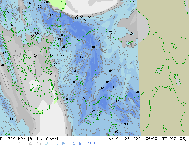 RH 700 hPa UK-Global St 01.05.2024 06 UTC