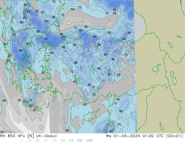 RH 850 hPa UK-Global We 01.05.2024 01 UTC