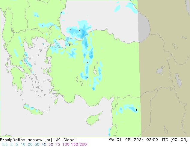 Precipitation accum. UK-Global Qua 01.05.2024 03 UTC