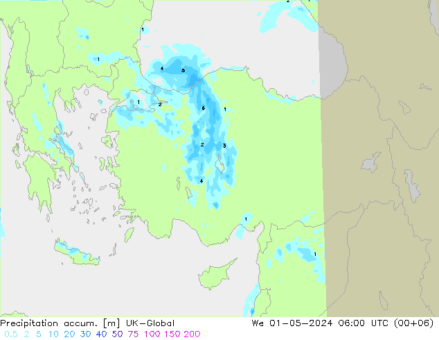 Precipitation accum. UK-Global śro. 01.05.2024 06 UTC