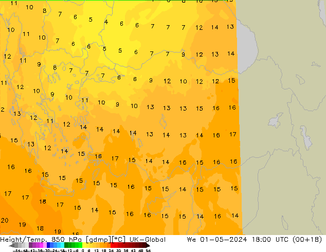 Height/Temp. 850 hPa UK-Global śro. 01.05.2024 18 UTC