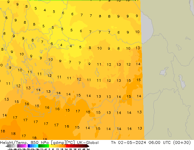 Yükseklik/Sıc. 850 hPa UK-Global Per 02.05.2024 06 UTC