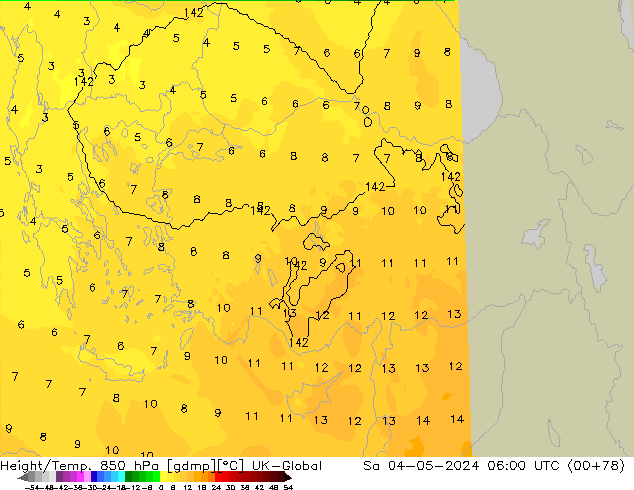 Height/Temp. 850 hPa UK-Global Sa 04.05.2024 06 UTC