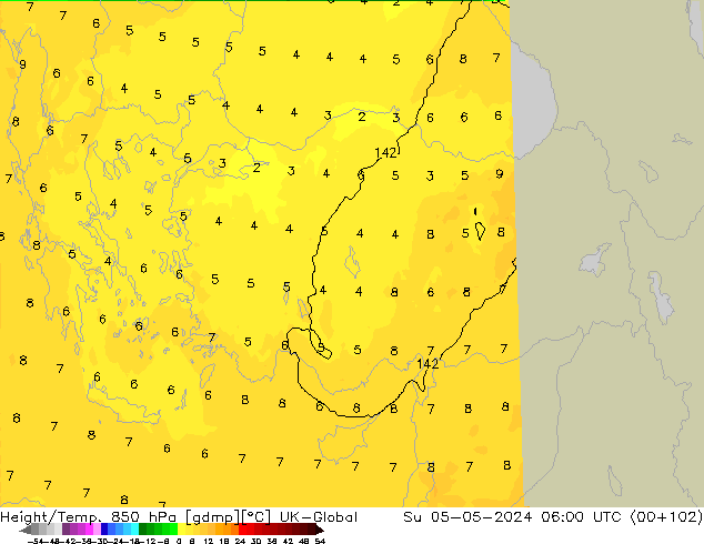 Height/Temp. 850 hPa UK-Global Su 05.05.2024 06 UTC