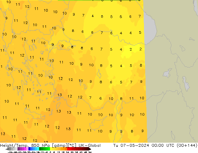 Height/Temp. 850 hPa UK-Global Tu 07.05.2024 00 UTC