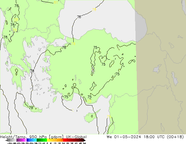 Height/Temp. 950 hPa UK-Global śro. 01.05.2024 18 UTC