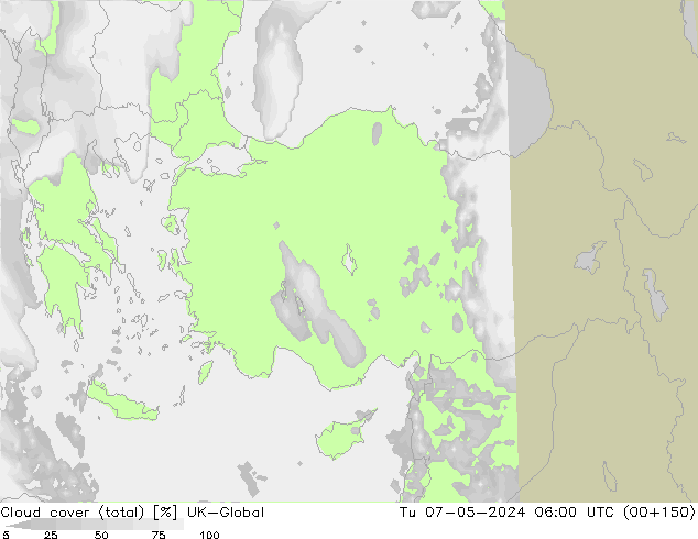 Cloud cover (total) UK-Global Út 07.05.2024 06 UTC
