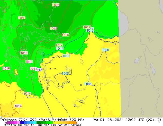 Thck 700-1000 hPa UK-Global  01.05.2024 12 UTC