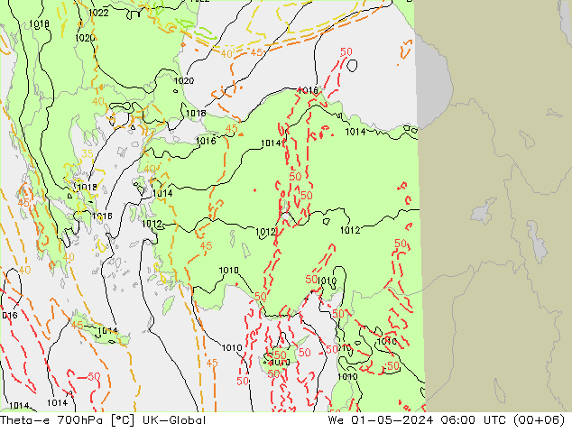 Theta-e 700hPa UK-Global  01.05.2024 06 UTC
