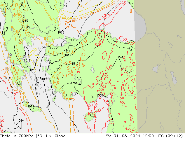 Theta-e 700hPa UK-Global mer 01.05.2024 12 UTC