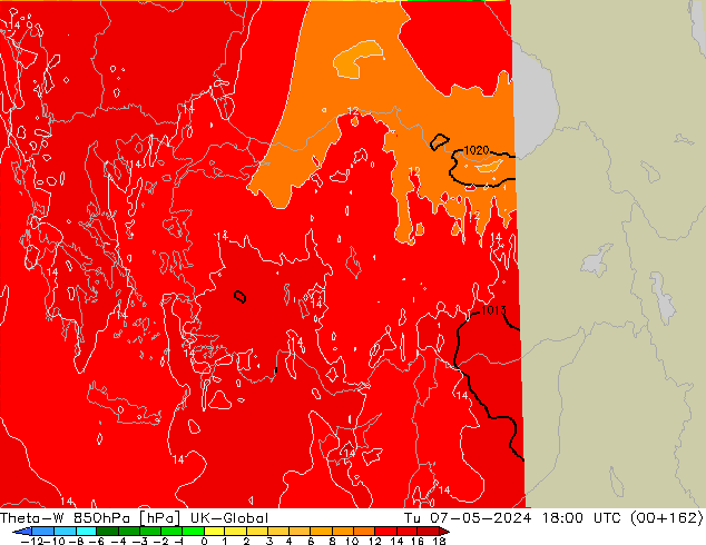 Theta-W 850hPa UK-Global Tu 07.05.2024 18 UTC