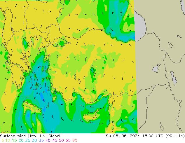 Vento 10 m UK-Global Dom 05.05.2024 18 UTC